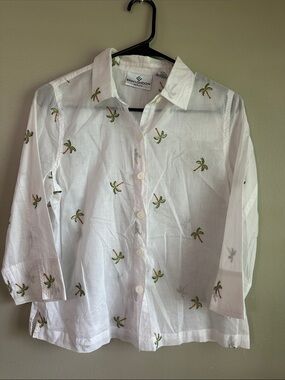 erin london 100% cotton White Button-Up Shirt with Green Palm Embroidery